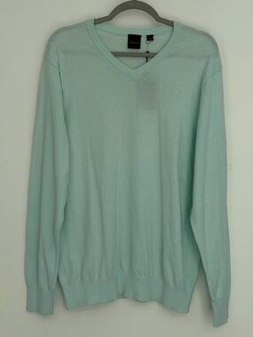 NWT Dunning Golf Mint Green Cotton Silk Cashmere V-Neck Lightweight Sweater Mens